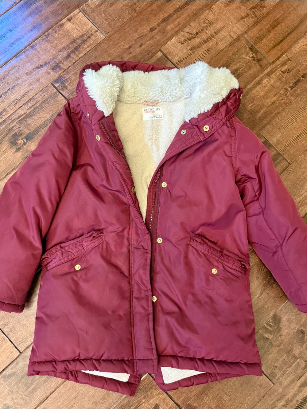 Crewcuts Burgundy Puffer Coat with Faux-Sherpa Hood